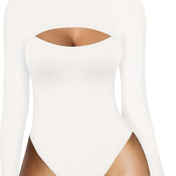 Long Sleeve Shaping Bodysuit, Hollow Out Mock Neck Tummy Control Slimmer Body Shaper, Women's Underwear & Shapewear