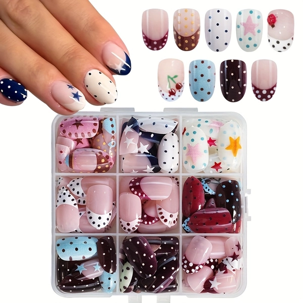 216pcs Oval Multi-Color Polka Dot Press-On Nail Patch Set, Colorful Polka Dot Stars Ladybug Cherry, Colorful Dopamine, Includes (Two Jelly Glues And One Nail File), for Women'S Parties, Evenings, And Daily Wear, Can Be Repeatedly Removed