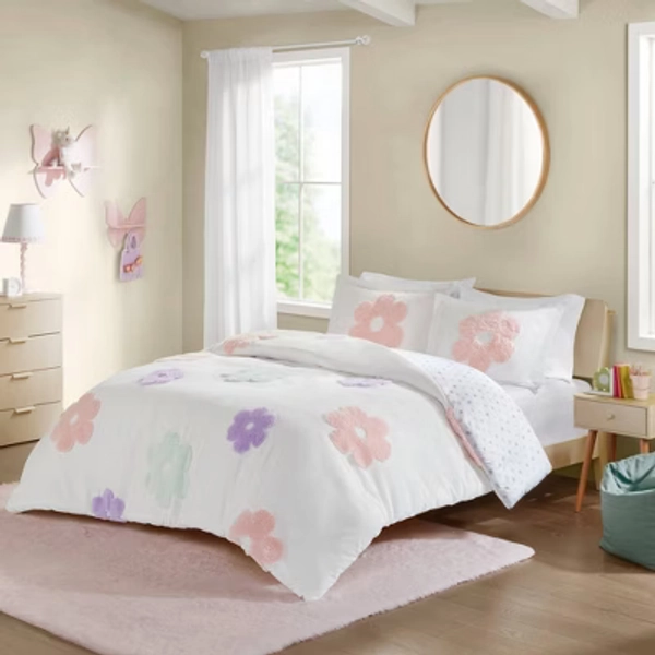 Full/Queen Elle Floral Reversible Tufted Chenille Kids' Duvet Cover Set White/Purple - Urban Habitat: Lightweight Botanical Bedding