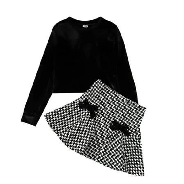 Patpat Kid Girls Velvet Crop Top and Houndstooth Pleated Skirt Set