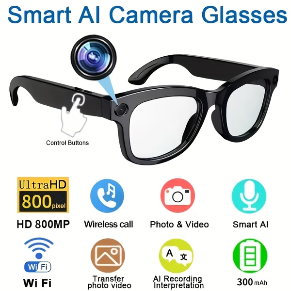 Smart Camera Glasses with 8MP Ultra-Wide Camera HD 1080P, Blue Light Blocking, AI Voice Control, 4H Playtime, Wi-Fi/Bluetooth 5.4 for HD Video & Immersive Audio