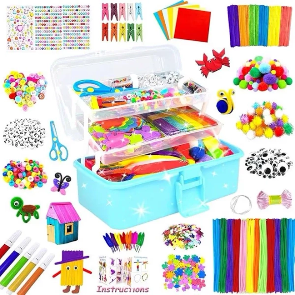 Arts and Crafts Supplies for Kids Craft Kit All in 3 Layered Craft Box with Pipe Cleaners Crafts for Kids Age 4-6, 6-8, 8-12 DIY School Supplies
