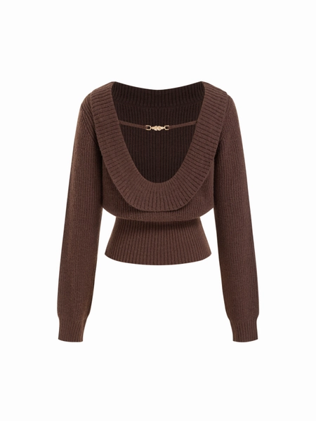 Knit Boat Neck Backless Chain Detail Long Sleeve Top