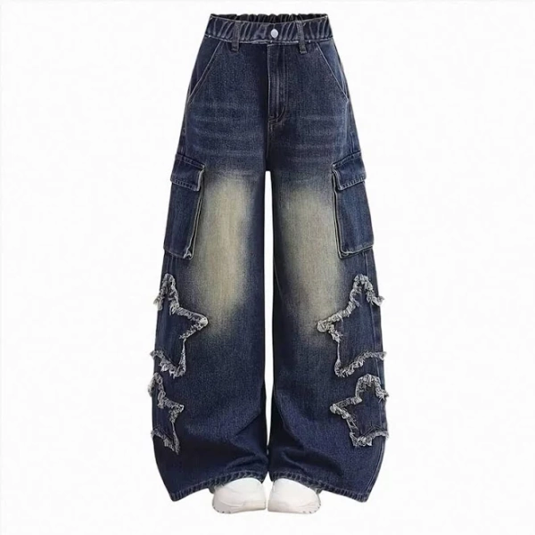 Larppty Baggy Jeans for Girls Wide Leg Ripped High Waisted Denim Pants Cute Summer Y2K Streetwear Kids Trousers