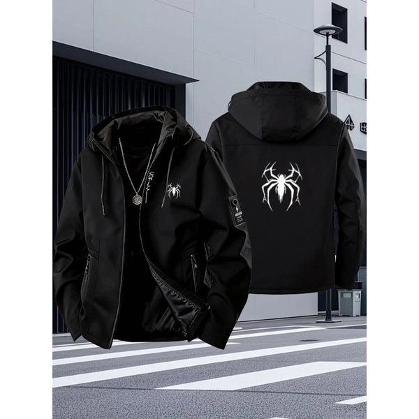 Spider Logo Hooded Jacket, Vibrant Yellow Streetwear Zip-Up Hoodie with Black Lining, Large Back Spider Graphic And Chest Patch Design, Casual Urban Style Coat, for Men Women