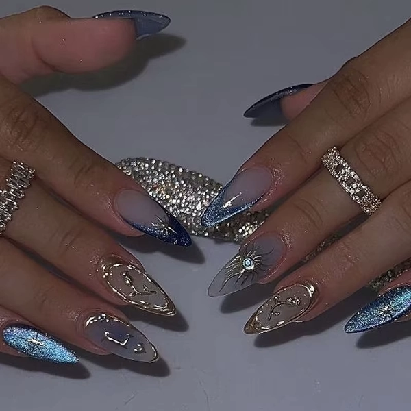 10PCS Almond Nail Medium Length 3D Rose Fake Nail, Sunflower Star Heart Nail, Fully Covered Blue Acrylic Fake Nail - AliExpress 