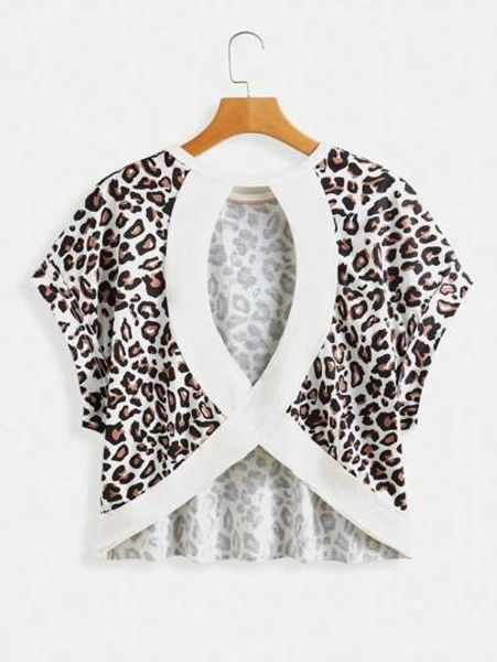 SHEIN Essnce Women's Summer 2025, Leopard Print Batwing Sleeve Backless T-Shirt, Loose Fit Retro Casual Top With Cutout Back, Vintage Short Sleeve Daily Wear