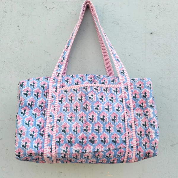 Hand Block Print Cotton Quilted Duffle Bag: Large Floral Weekender Bags