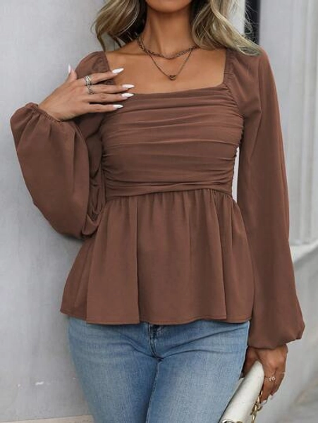 EMERY ROSE Women Square Neck Long Sleeve Pleated Minimalist Shirt, Casual For Daily Wear Fall Cloth For Women