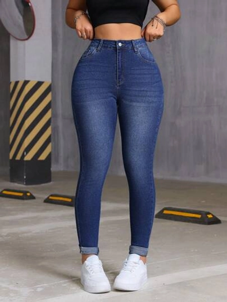 Autumn Casual Distressed Pocket Skinny Denim Jeans High Waist Roll Up Hem Skinny Jeans