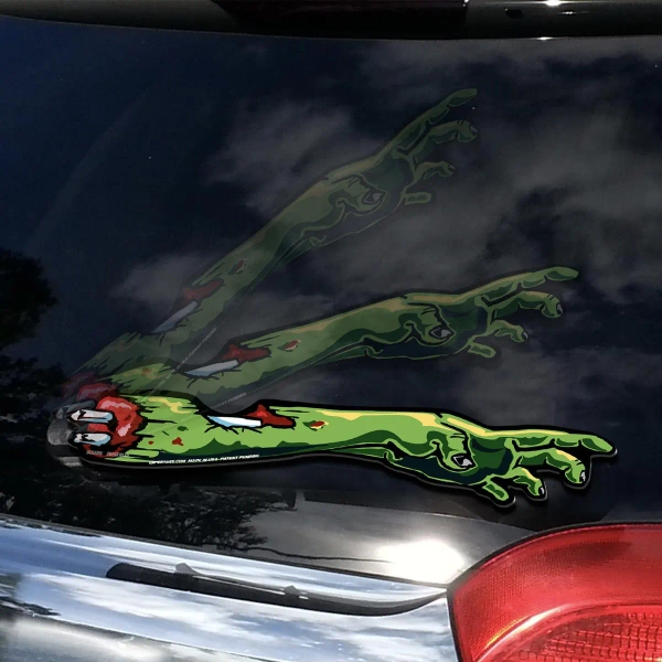 Zombie Hunter Arm WiperTags attach to rear vehicle wiper blades. Detachable, interchangeable, weatherproof. For SUVs and vans. Made in USA.