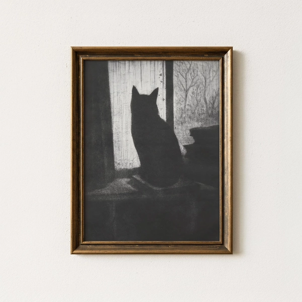 Vintage Black Cat Painting | Minimalist Feline Wall Art | Moody Dark Academia Home Decor | Mailed Print