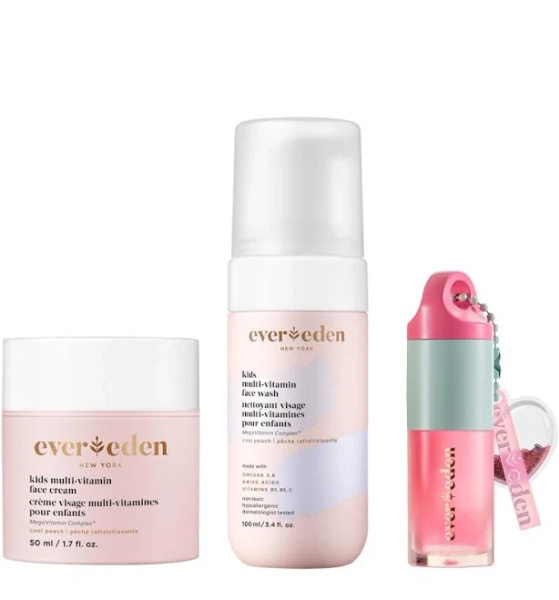 Evereden Happy Kids Skin & Lips Routine - Multi-Vitamin Face Wash & Face Cream Peach & Tinted Lip Oil Sakura Pink Set - Clean & Vegan Skin Care for