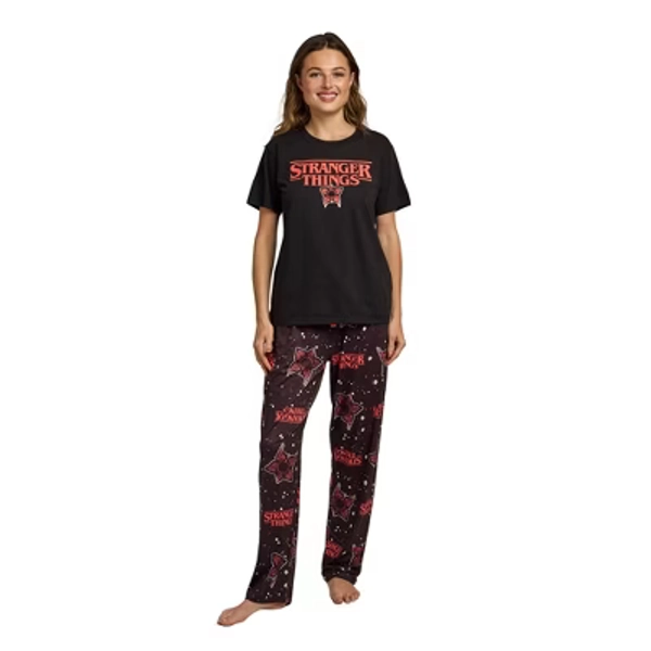 Stranger Thing Demogorgon Splatter Logo Women's Black Oversized Tee & Pants Sleep Set-XL