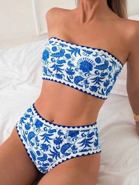 Swim Lushoire Summer Beach Printed Bandeau Bikini Swimwear Set