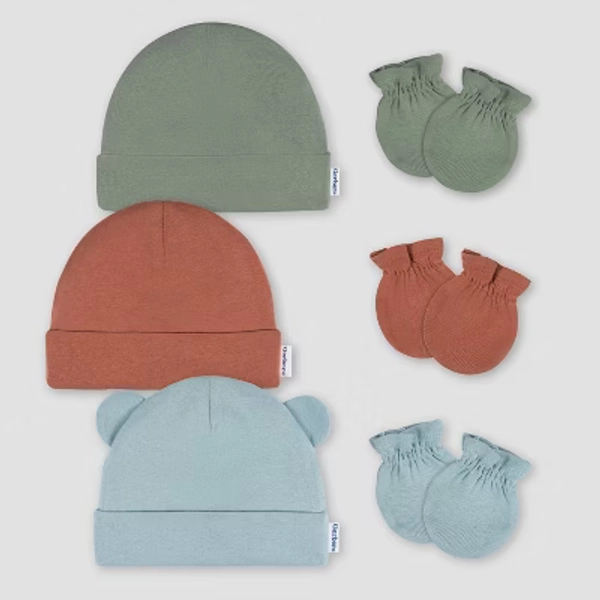 Gerber Baby 6pk Hat & Mitten Set - Blue: Cotton Knit, Elastic Cuffs, 12 Months, Solid Pattern