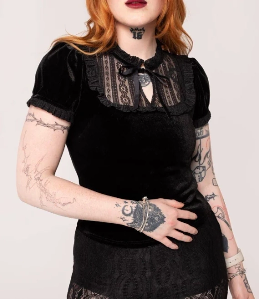 Hell Bunny Women's Mourning Velvet Gothic Style Fitted Bodice Top