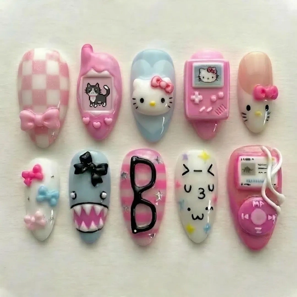Handmade 3D Kawaii Retro Tech Press on Nails | Kitty Gamer Girl | Y2K Tamagotchi MP3 Player Pink Pastel Stiletto Nail Set - Etsy