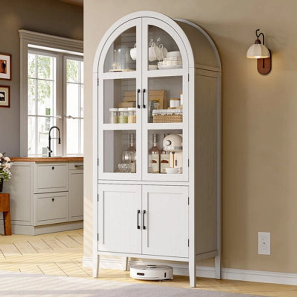 Winston Porter 71''Tall Arched Storage Display Cabinet, 5-Tier Kitchen Pantry With Glass Doors & Shelves