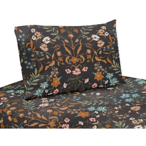 Sweet Jojo Designs Girl King Sheet Set Boho Floral Wildflower Black and Orange 4pc
