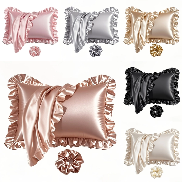 2pcs Pillowcase Set, 1pc Ruffled Satin Pillowcase (Envelope Pocket, No Pillow Core) + 1 Hair Tie, Same Color, Home Decor, Bedroom, Living Room, Top Gift for Christmas, Valentine's