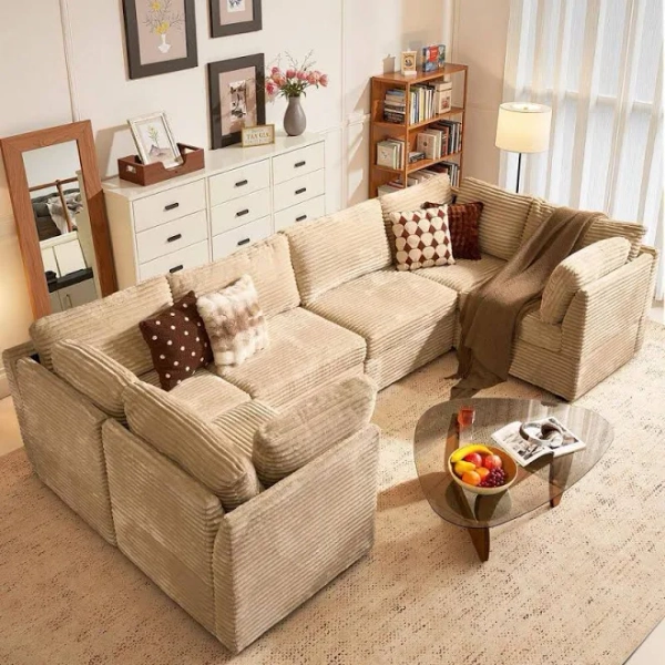 Allwex CUKE 130 in. Wide 6-Piece Modern Deep Seat Plush Corduroy U-Shape Modular Sectional Sofa Couch