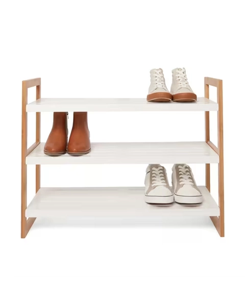 3 Tier Stackable Bamboo Shoe Rack with White Shelves - White - One Size