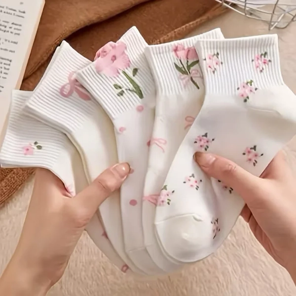 3 pairs womens cute flower bow pattern medium tube socks - Temu