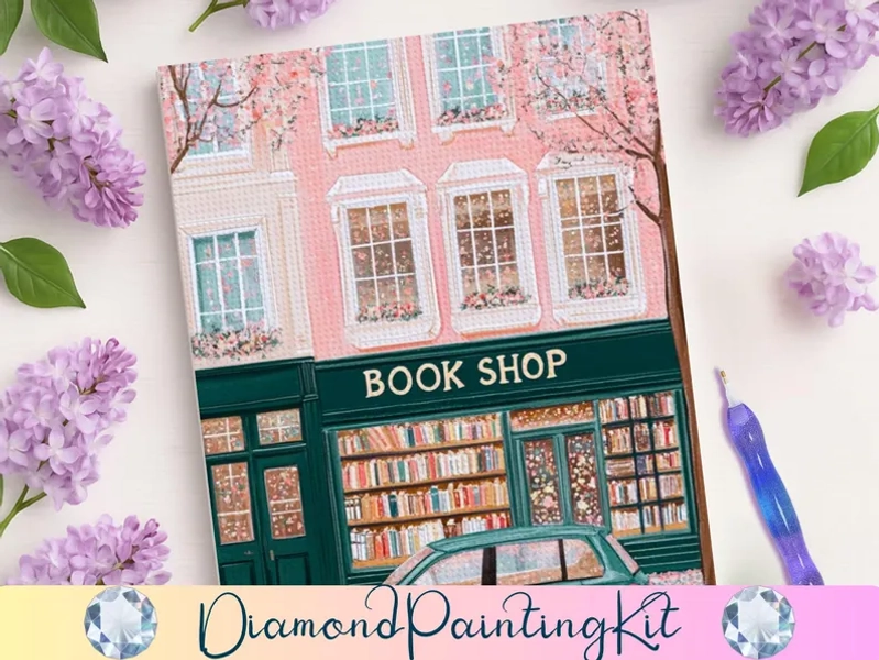 Charming Bookstore Diamond Painting Kit, DIY Painting Art Wall Decor, Cozy Cherry Blossom Street Scene, Bookish Gift For Crafters