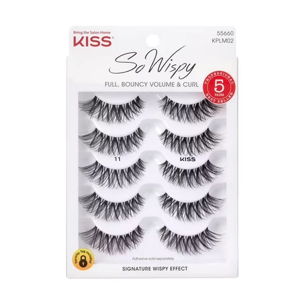 Kiss So Wispy False Eyelashes, Strip Lashes, Style 11, Black, 12mm, 5 Pairs