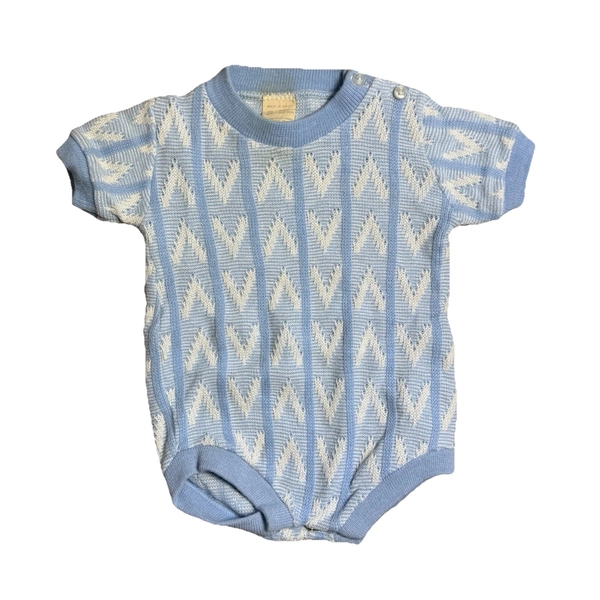 Vintage Baby Romper Blue Knit Short Sleeve Bodysuit Made in Israel 70s 80s 0-6M