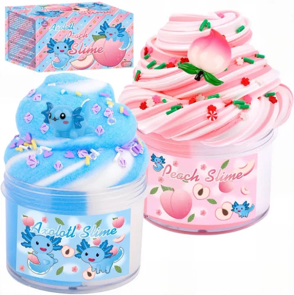 Peach Butter Slime and Axolotl Cloud Slimes,Dual Colored New Charms,Super Soft and Non-Sticky, Stress Relief Toy Party Favors Birthday Gifts for Girls