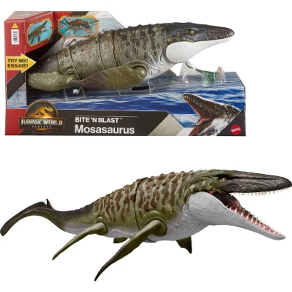 Jurassic World Rebirth Bite N Blast Mosasaurus Action Figure and Mini Dilophosaurus, Dinosaur Toy