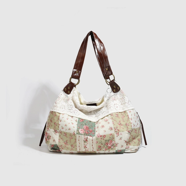 GlobeKit Vintage Floral Patchwork & Lace Handbag - Multicolor Retro Bag with Zipper Closure, Shoulder Purse for Commuting,, or Special Events - Elegant Patchwork Design in Earthy Tones & delicate Lace Trim