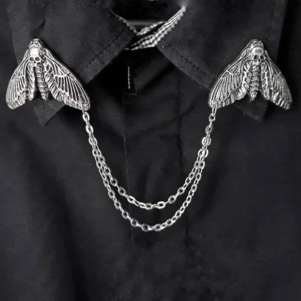 Skull moth collar pin bug collar clips womens  death head moth brooch insect lapel pin with chain Halloween jewelry spooky clips gift