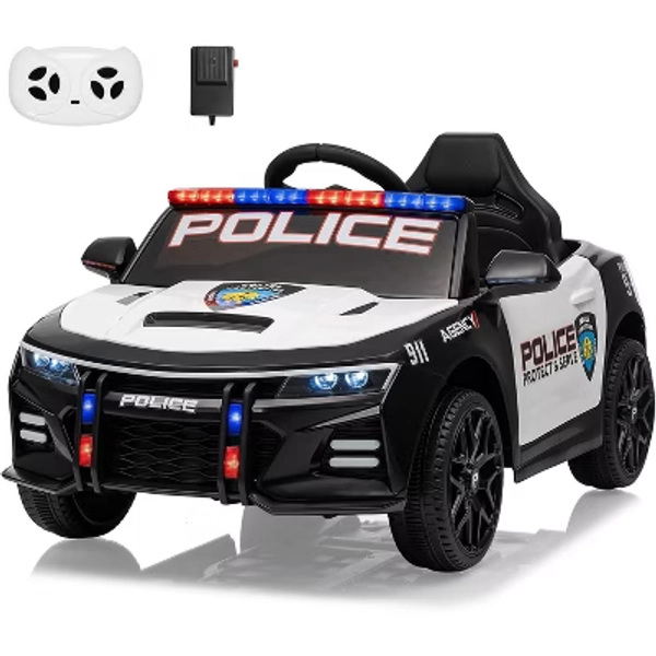 12V Kids Police Ride-On Car, Remote Control Electric Toy with LED Lights, Music, Horn & Safety Belt
