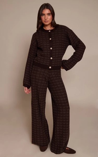 Chocolate Boucle Knitted Wide Leg Pants | Knitwear | PrettyLittleThing USA