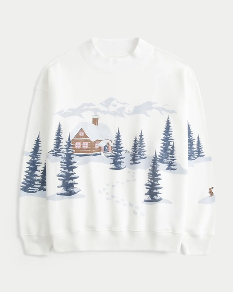 Oversized Mock-Neck Puff Print Winter Graphic Sweatshirt