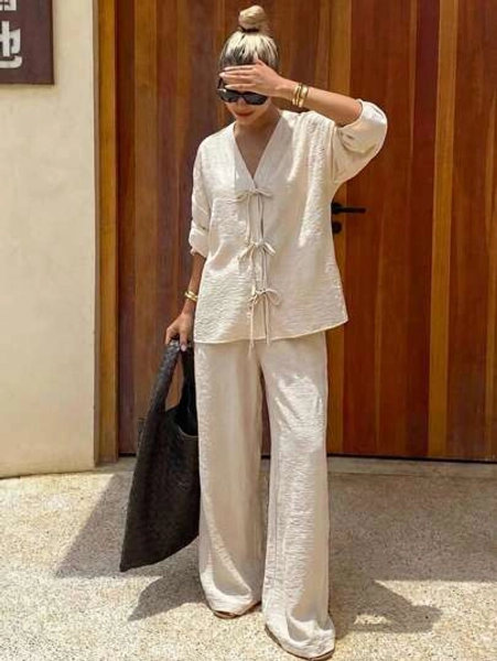 DAZY Spring & Summer Casual Vacation Style Beach Resort Outfit, Loose Cardigan Shirt And Straight Leg Pants 2 Pieces Set For Women Lounge Sets For Women - Size M