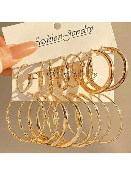 8pcs/Set Metal Twist Hoop Earrings For Women, Jewelry Earrings Suitable For Daily, Party, Beach, Minimalist Style