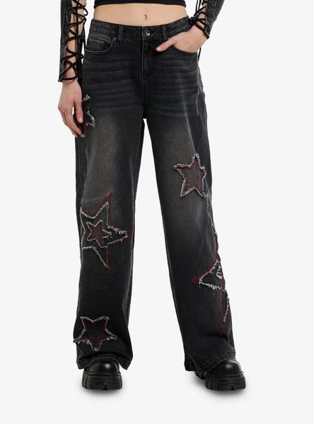 Red & Grey Distressed Stars Wide Leg Jeans
