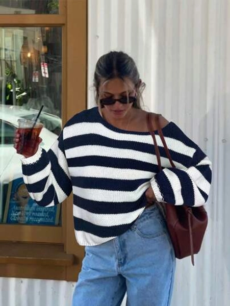 Women's Cute Casual Long Sleeve Off-Shoulder Sweater Striped Pink Knitted Sweater Top Pullover Homecoming Fall Winter Going Out Outfits Clothes Suitable For Daily Wear