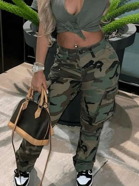 Ins Style High-Waisted Straight-Cut Multi-Color Camouflage Work Pants