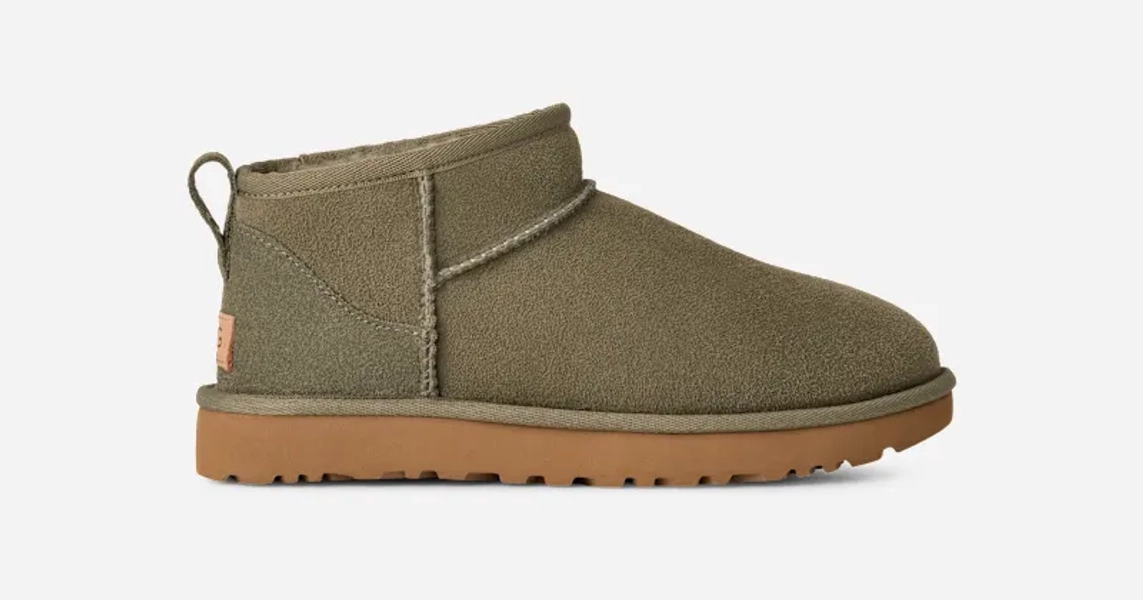 UGG® Women's Classic Ultra Mini Sheepskin Classic Boots in Moss Green/Amphora, Size 5