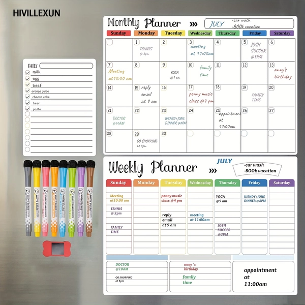 Hivillexun Magnetic Dry Erase Calendar Whiteboard Set (3pcs) for Refrigerator, Wall, and Fridge Organization with Monthly, Weekly, and Daily Notepads. Comes with 8 Markers and 1 Eraser