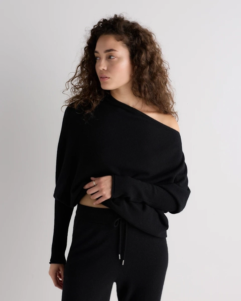 100% Mongolian Cashmere Asymmetric Draped Sweater in Black