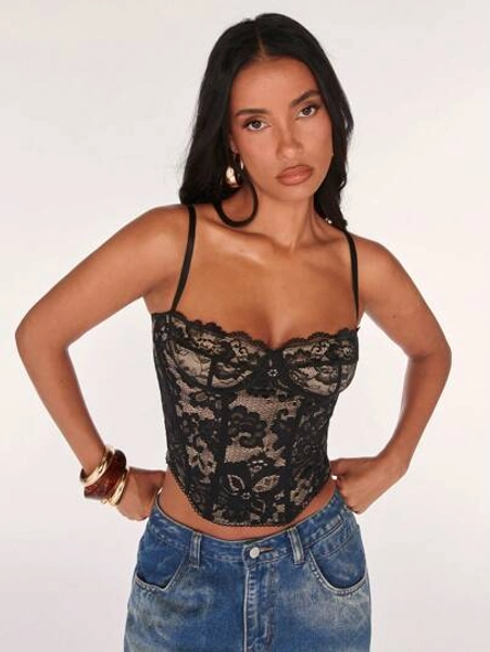 SHEIN BAE Sexy Lace Sheer Camisole Top, Party Outfit, Date Night, Commute, Cute Bralette, Sexy Club Top, Corset Top, Strapless Top, Going Out Top, Summer Tops, Cute Top, Summer Outfits For Women, Lace Top