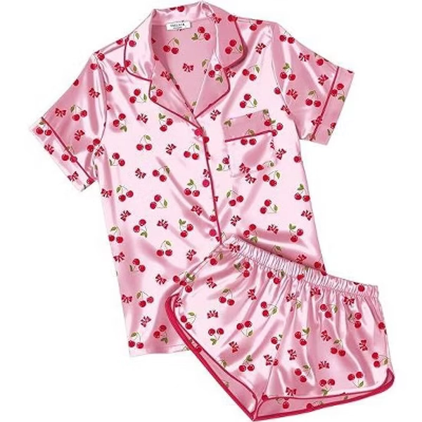 Ekouaer Womens Silk Satin Pajamas Short Sleeve PJS Shorts Set Soft Button Down Sleepwear 2 Piece Loungewear Pink Cherry Print M