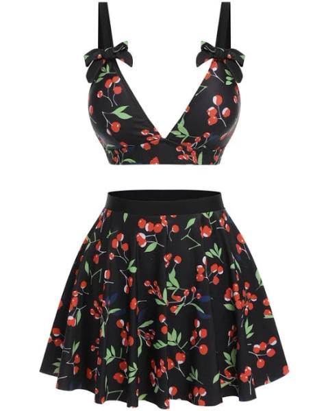 Retro Stage Strap Cherry Printed V-Neck High Waisted Skirted Swimsuit Black