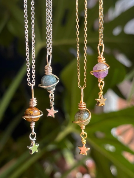 Planet Star Crystal Necklace Gold Silver Necklace Wire Wrapped Crystal Jewelry astrology Tigers Eye ocean Jasper hematite Star Jupiter